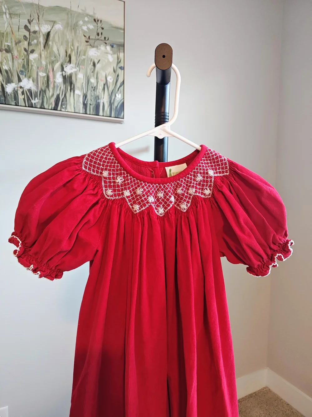 Classic Red Smocked Kids Puff Sleeve Dress